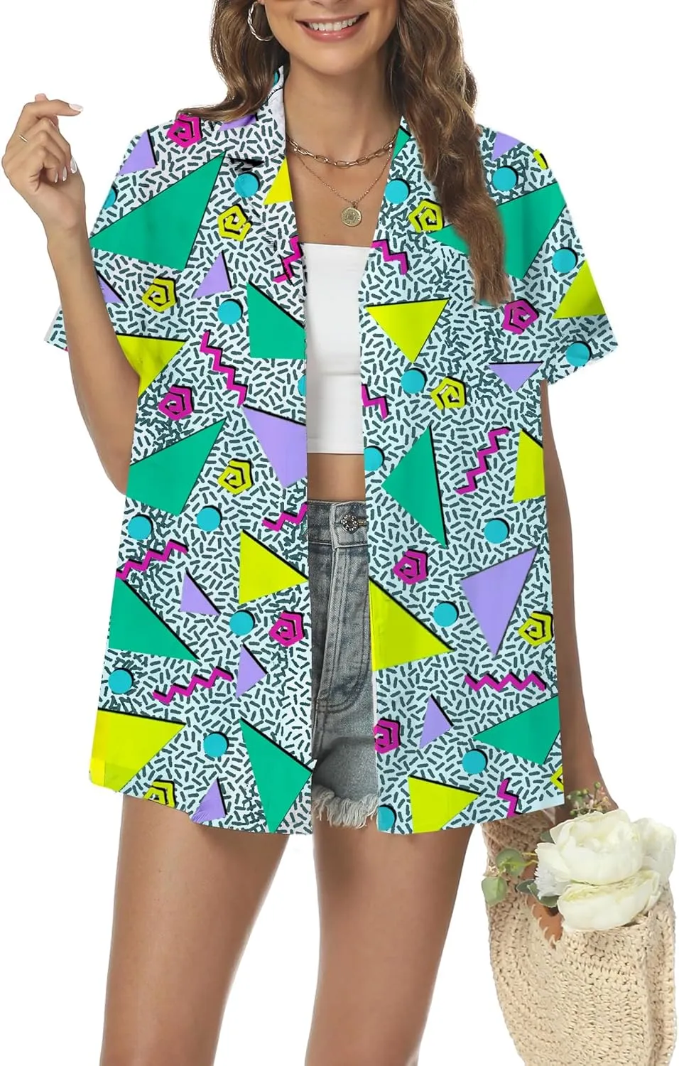 80s 90s Hawaiian Disco Shirt Retro Themed Party Neon Outfits 80s 90s Style Button Down Blouse Tops