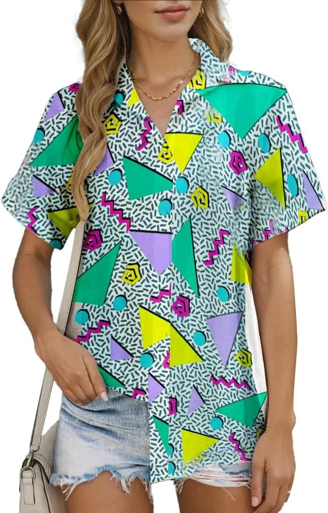 80s 90s Hawaiian Disco Shirt Retro Themed Party Neon Outfits 80s 90s Style Button Down Blouse Tops