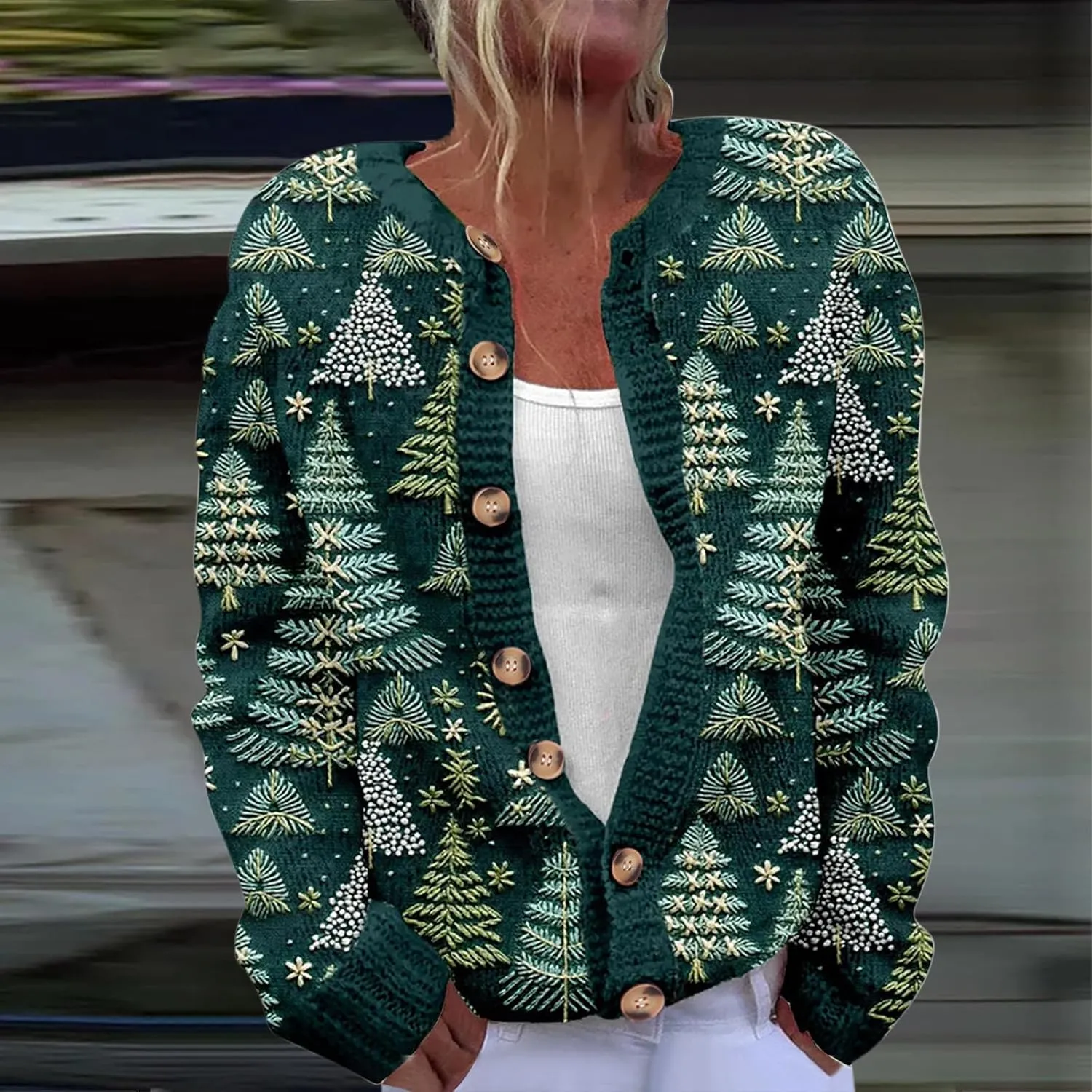 Christmas Sweaters for Women Ugly Funny Xmas Tree Print Button Up Cardigans Fall Winter Vintage Knitted Outerwear Coat