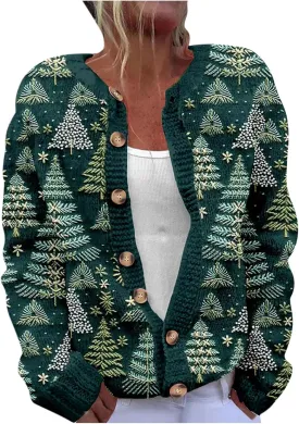 Christmas Sweaters for Women Ugly Funny Xmas Tree Print Button Up Cardigans Fall Winter Vintage Knitted Outerwear Coat
