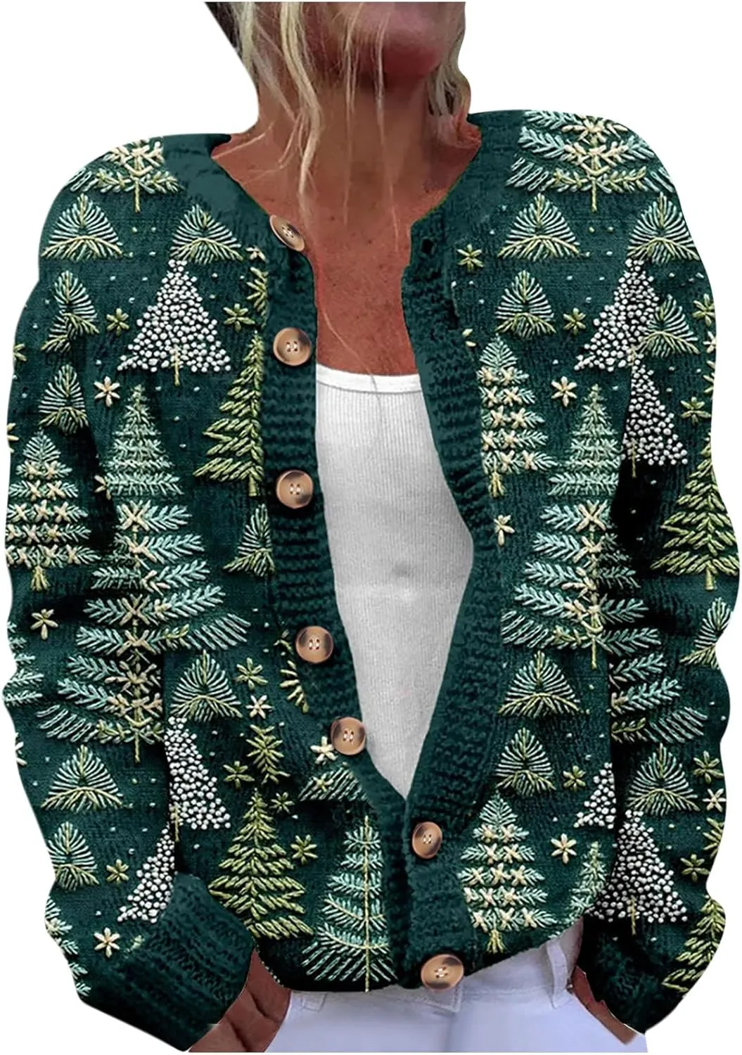 Christmas Sweaters for Women Ugly Funny Xmas Tree Print Button Up Cardigans Fall Winter Vintage Knitted Outerwear Coat