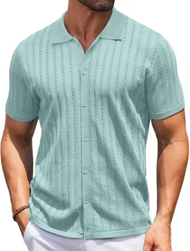 COOFANDY Men's Knit Shirts Short Sleeve Button Down Polo Shirt Vintage Casual Summer Beach Shirts