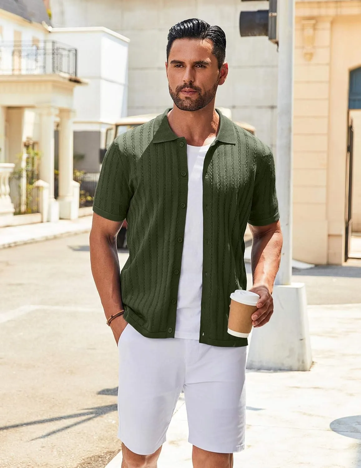 COOFANDY Men's Knit Shirts Short Sleeve Button Down Polo Shirt Vintage Casual Summer Beach Shirts