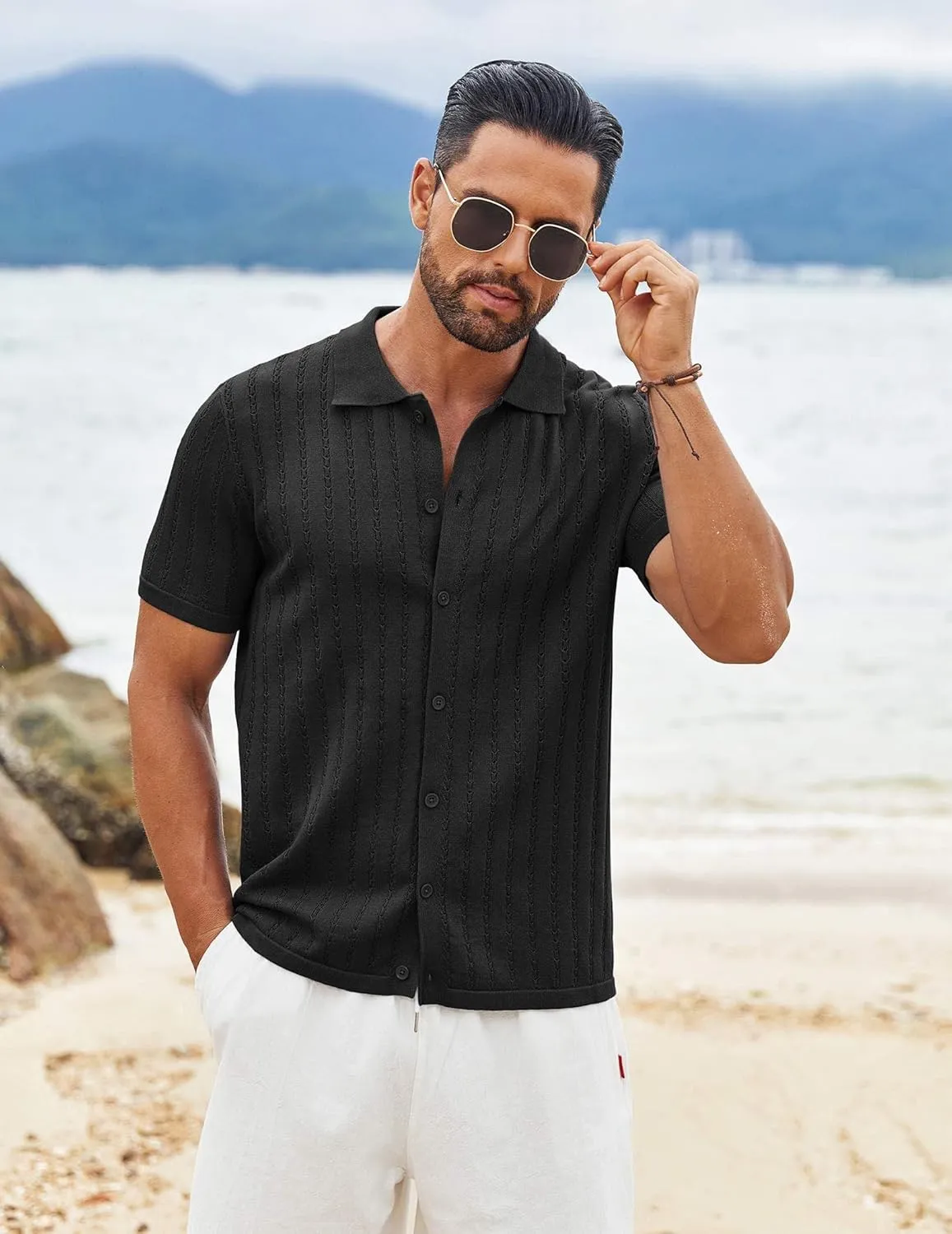 COOFANDY Men's Knit Shirts Short Sleeve Button Down Polo Shirt Vintage Casual Summer Beach Shirts