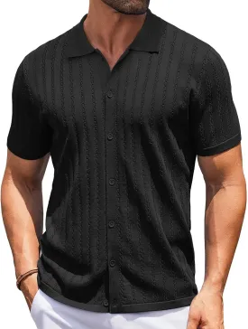 COOFANDY Men's Knit Shirts Short Sleeve Button Down Polo Shirt Vintage Casual Summer Beach Shirts