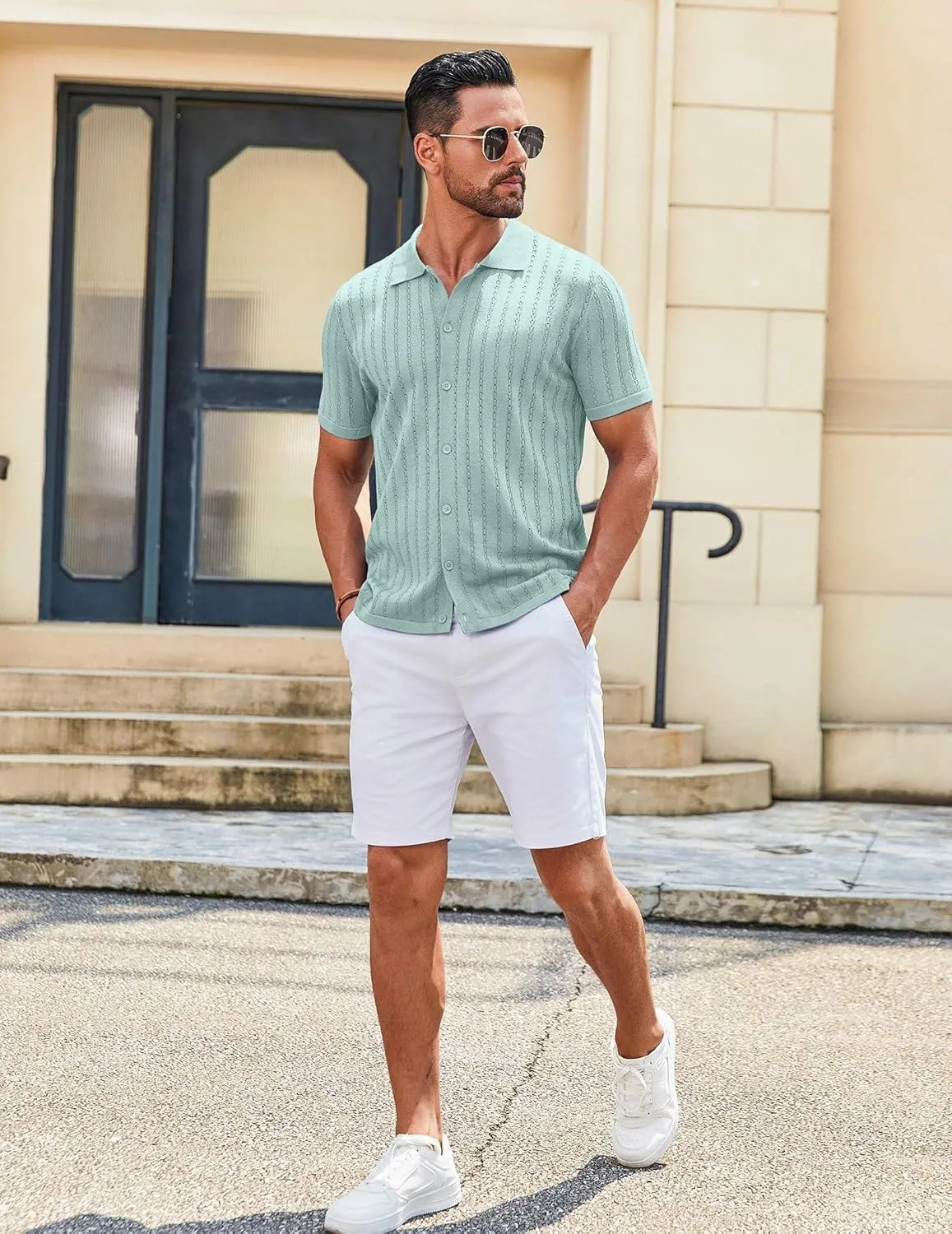 COOFANDY Men's Knit Shirts Short Sleeve Button Down Polo Shirt Vintage Casual Summer Beach Shirts