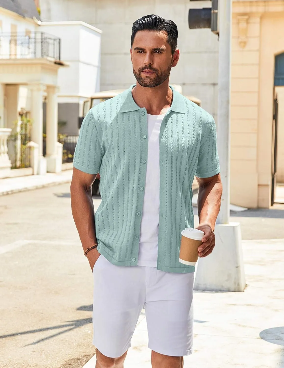 COOFANDY Men's Knit Shirts Short Sleeve Button Down Polo Shirt Vintage Casual Summer Beach Shirts