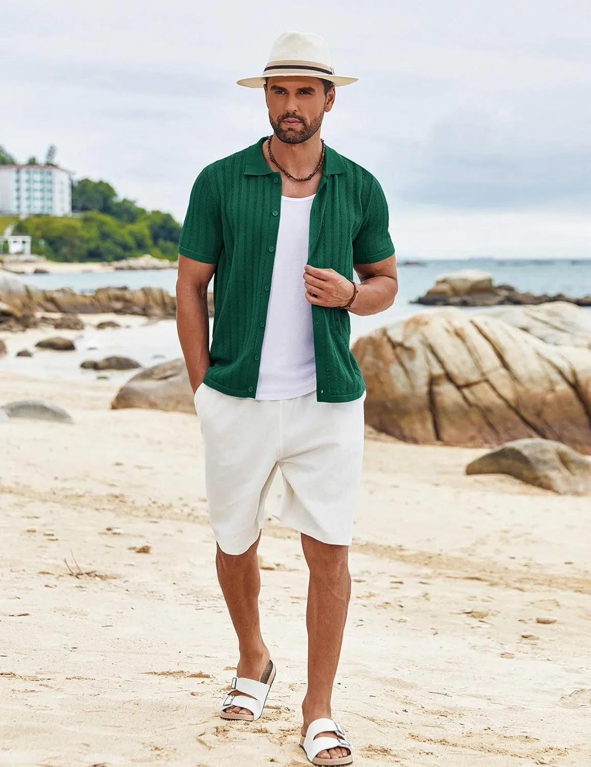 COOFANDY Men's Knit Shirts Short Sleeve Button Down Polo Shirt Vintage Casual Summer Beach Shirts