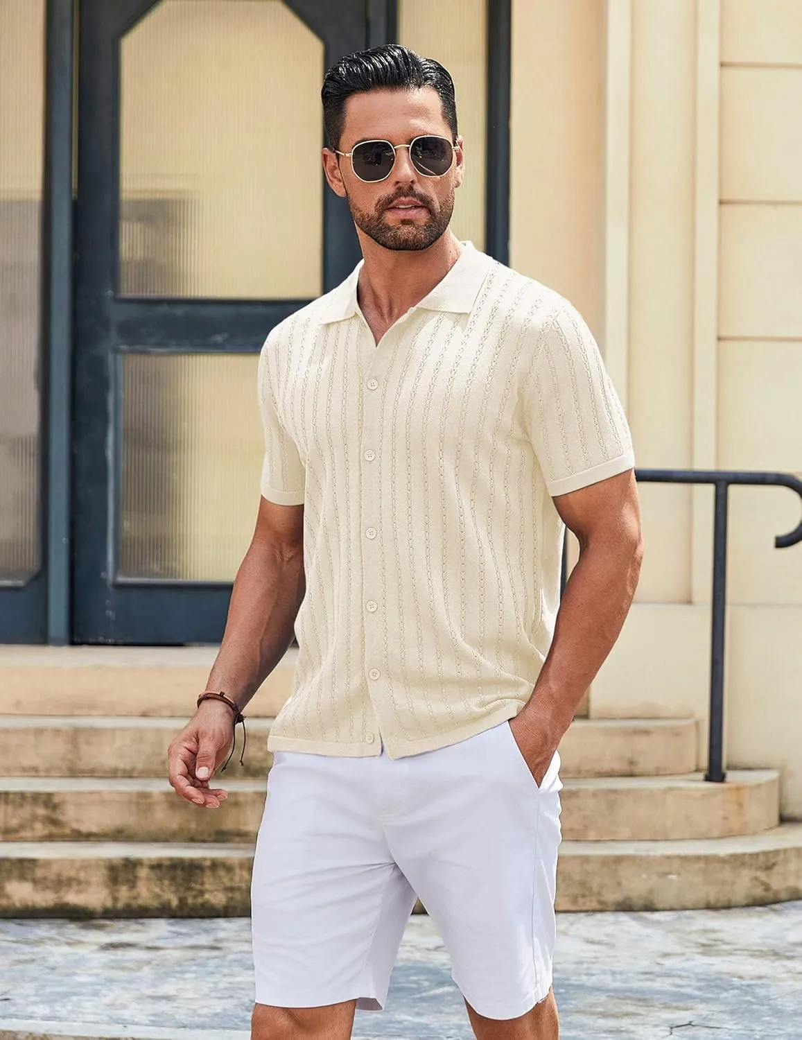 COOFANDY Men's Knit Shirts Short Sleeve Button Down Polo Shirt Vintage Casual Summer Beach Shirts
