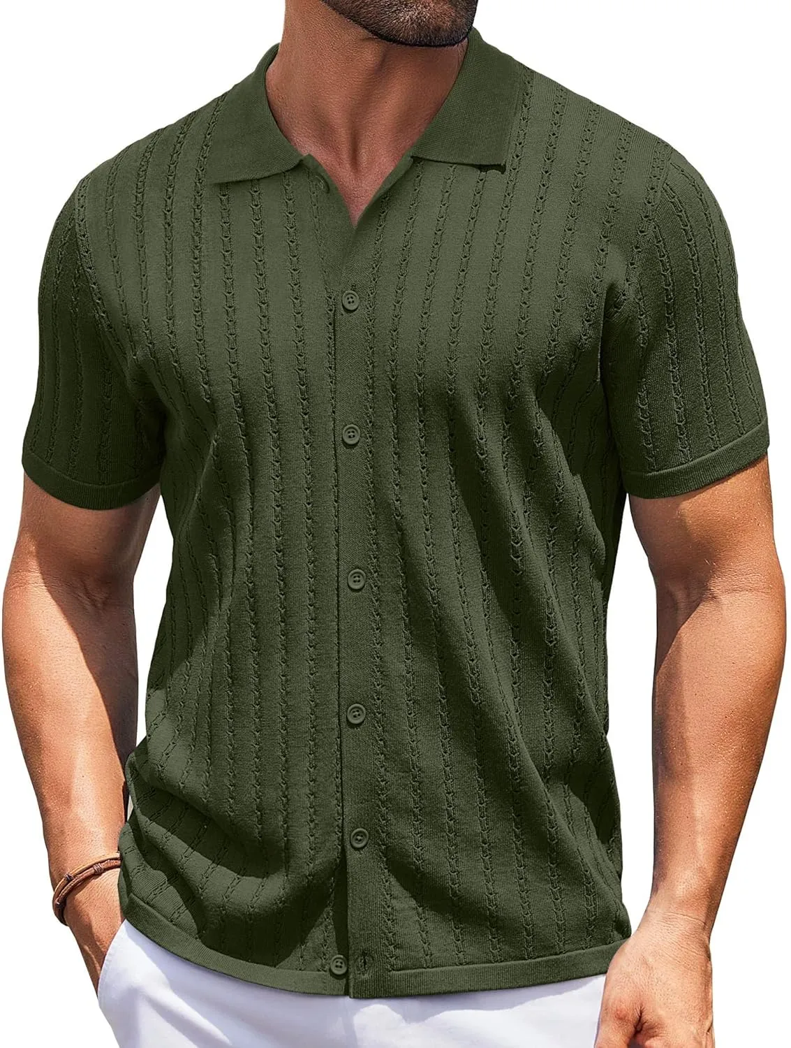 COOFANDY Men's Knit Shirts Short Sleeve Button Down Polo Shirt Vintage Casual Summer Beach Shirts