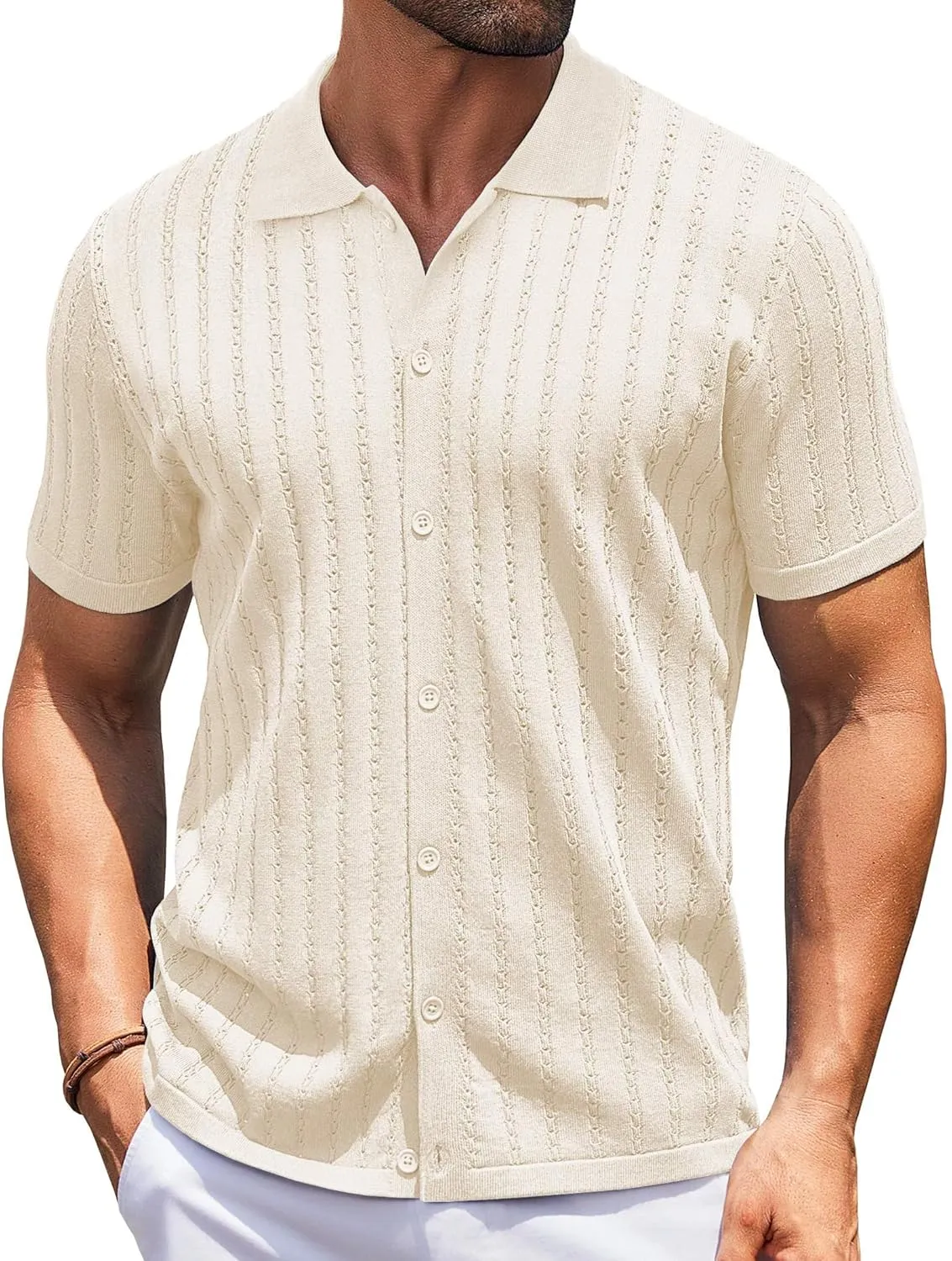 COOFANDY Men's Knit Shirts Short Sleeve Button Down Polo Shirt Vintage Casual Summer Beach Shirts