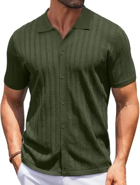 COOFANDY Men's Knit Shirts Short Sleeve Button Down Polo Shirt Vintage Casual Summer Beach Shirts