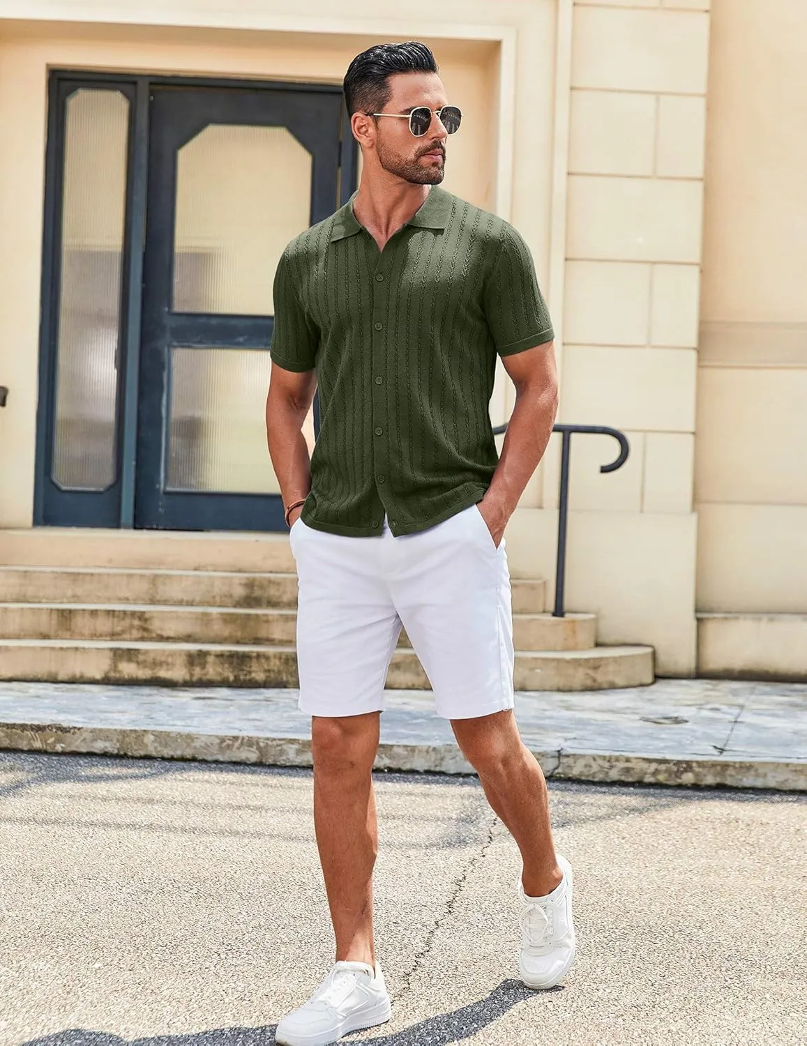 COOFANDY Men's Knit Shirts Short Sleeve Button Down Polo Shirt Vintage Casual Summer Beach Shirts