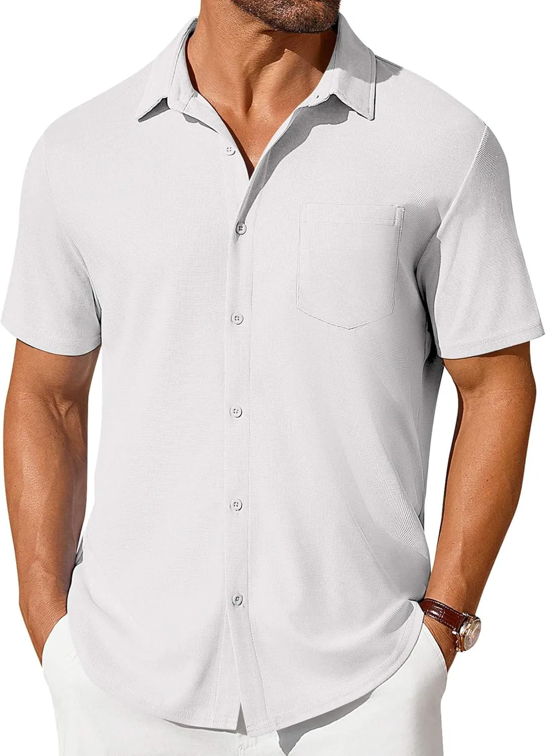 COOFANDY Men's Short Sleeve Button Down Shirt Casual Summer Beach Shirts Waffle Knit Shirt Wrinkle Free Untucked Shirt