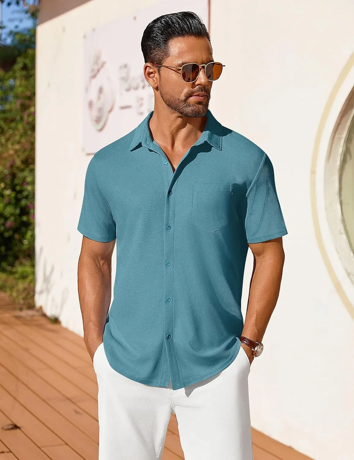 COOFANDY Men's Short Sleeve Button Down Shirt Casual Summer Beach Shirts Waffle Knit Shirt Wrinkle Free Untucked Shirt