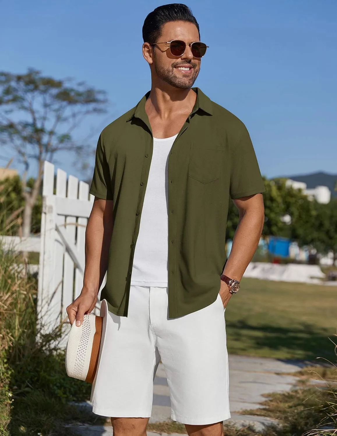 COOFANDY Men's Short Sleeve Button Down Shirt Casual Summer Beach Shirts Waffle Knit Shirt Wrinkle Free Untucked Shirt