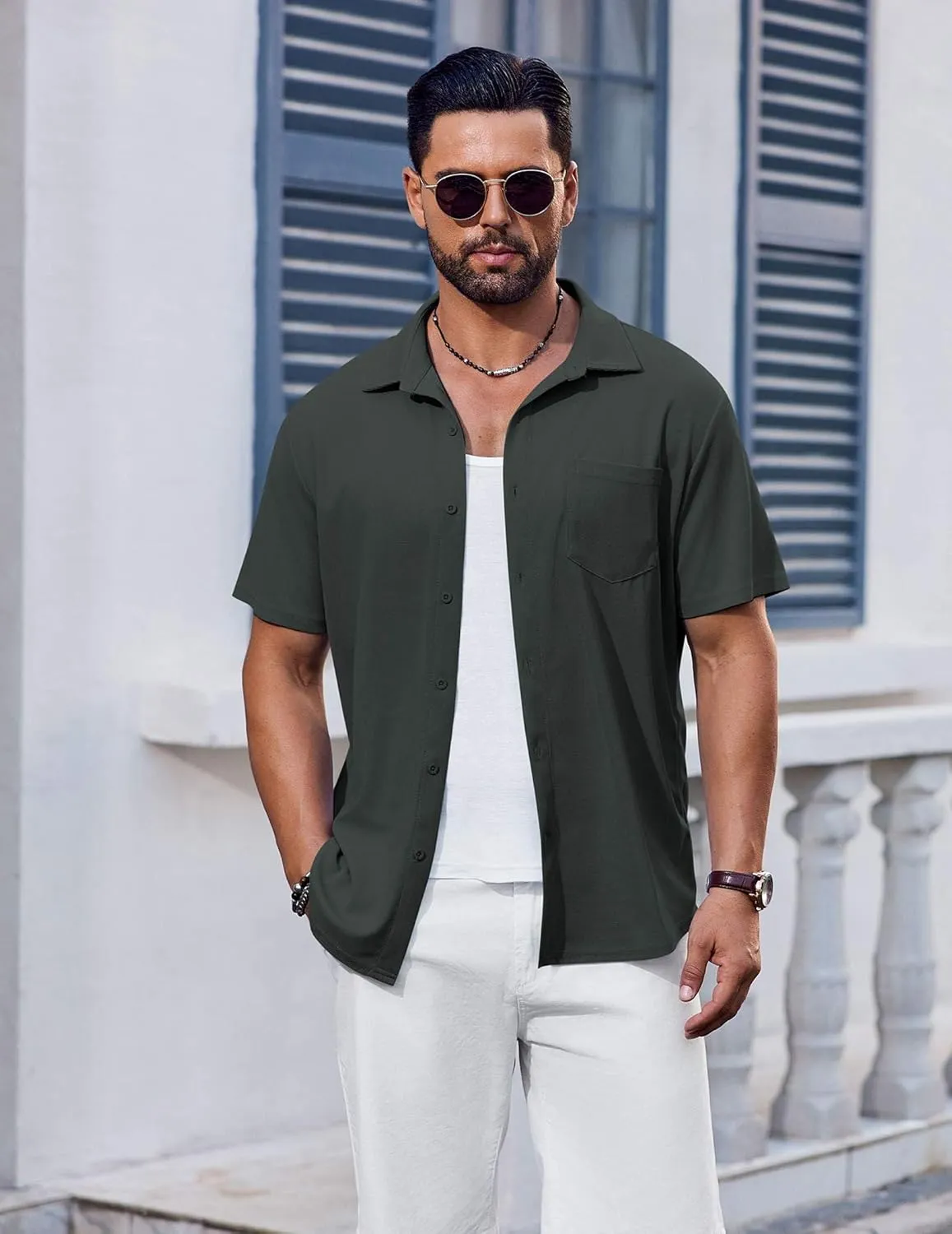COOFANDY Men's Short Sleeve Button Down Shirt Casual Summer Beach Shirts Waffle Knit Shirt Wrinkle Free Untucked Shirt