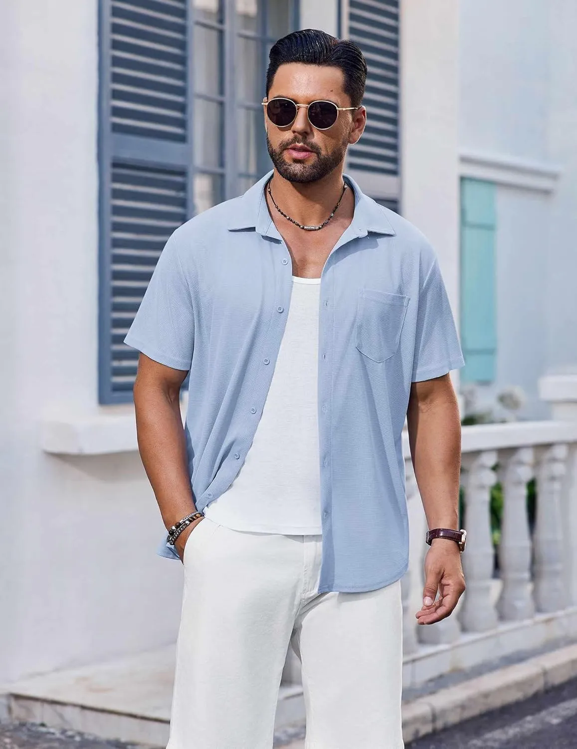 COOFANDY Men's Short Sleeve Button Down Shirt Casual Summer Beach Shirts Waffle Knit Shirt Wrinkle Free Untucked Shirt