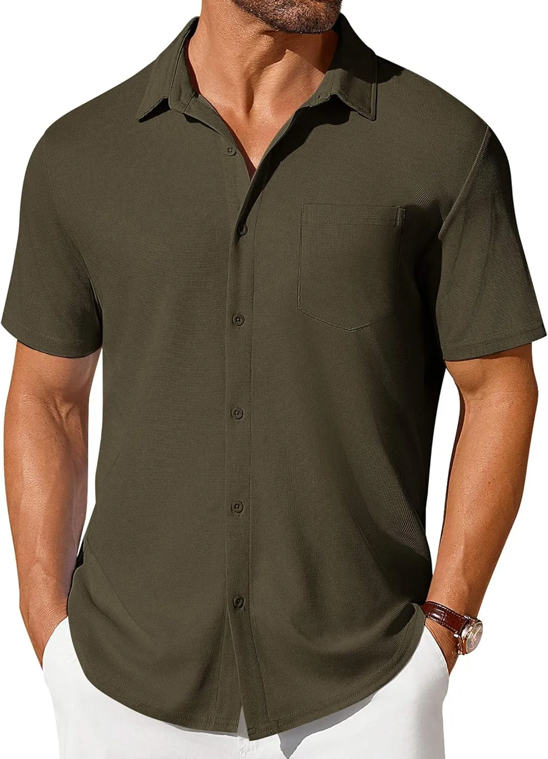 COOFANDY Men's Short Sleeve Button Down Shirt Casual Summer Beach Shirts Waffle Knit Shirt Wrinkle Free Untucked Shirt