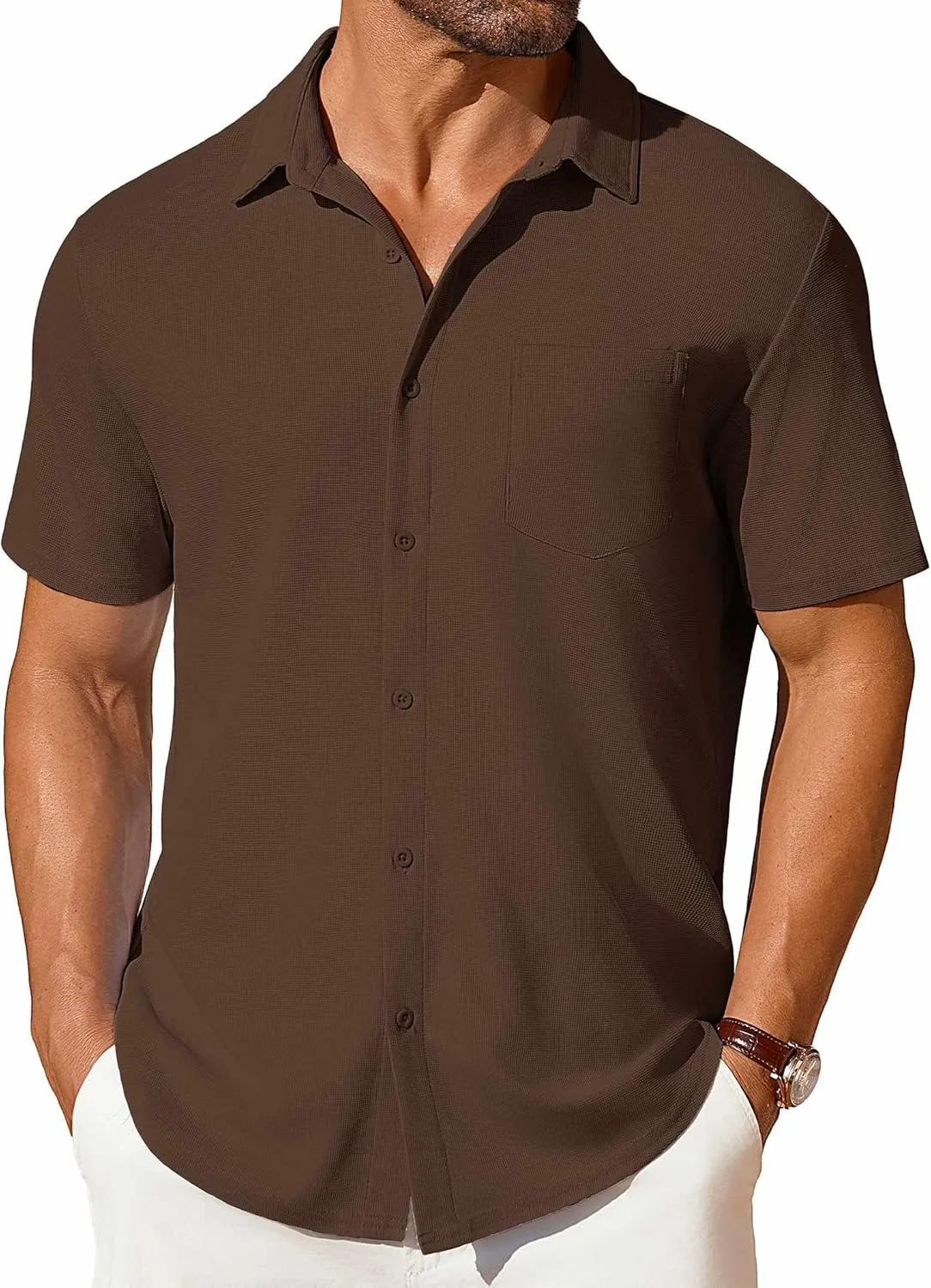 COOFANDY Men's Short Sleeve Button Down Shirt Casual Summer Beach Shirts Waffle Knit Shirt Wrinkle Free Untucked Shirt