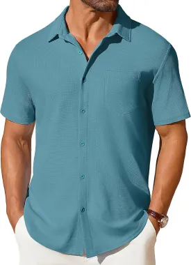 COOFANDY Men's Short Sleeve Button Down Shirt Casual Summer Beach Shirts Waffle Knit Shirt Wrinkle Free Untucked Shirt