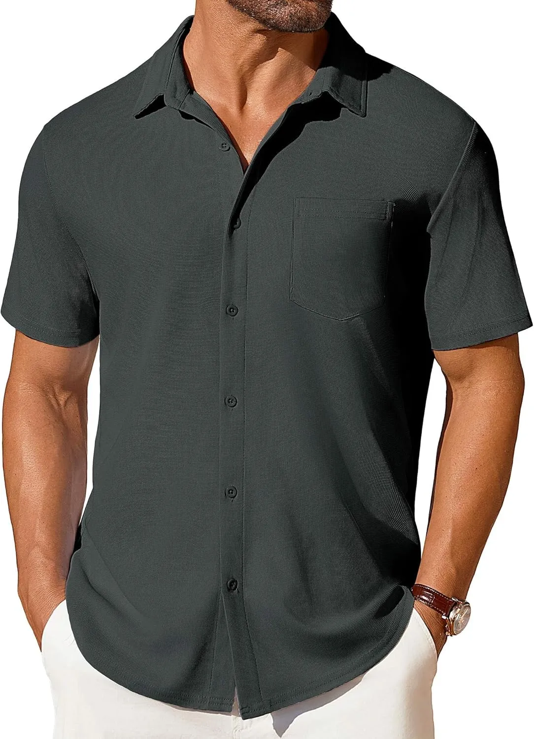 COOFANDY Men's Short Sleeve Button Down Shirt Casual Summer Beach Shirts Waffle Knit Shirt Wrinkle Free Untucked Shirt