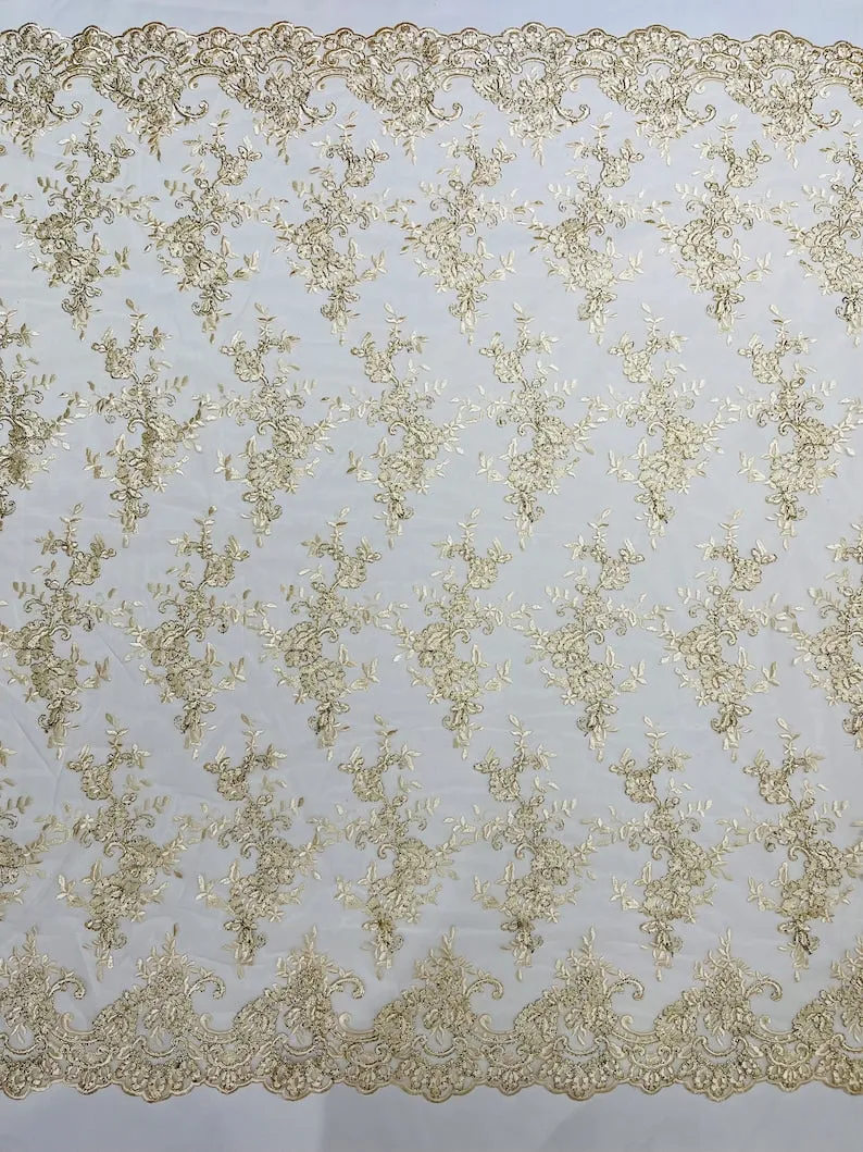 Corded embroider flowers on a mesh lace fabric-prom-sold by the yard.