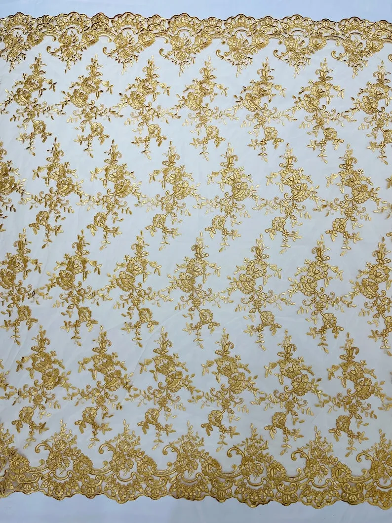 Corded embroider flowers on a mesh lace fabric-prom-sold by the yard.