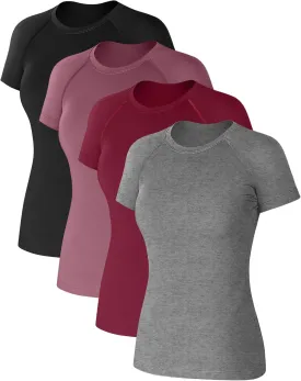 Coume 4 Pack Women's Compression Shirts Short Sleeve Workout Tops Running Athletic Yoga T-Shirt for Gym Sports Gear Dry Fit