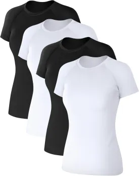 Coume 4 Pack Women's Compression Shirts Short Sleeve Workout Tops Running Athletic Yoga T-Shirt for Gym Sports Gear Dry Fit