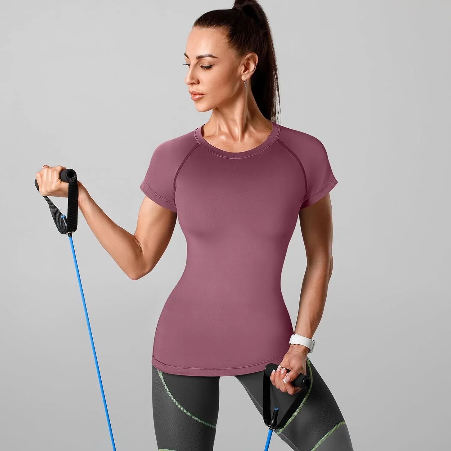 Coume 4 Pack Women's Compression Shirts Short Sleeve Workout Tops Running Athletic Yoga T-Shirt for Gym Sports Gear Dry Fit