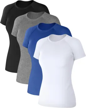 Coume 4 Pack Women's Compression Shirts Short Sleeve Workout Tops Running Athletic Yoga T-Shirt for Gym Sports Gear Dry Fit