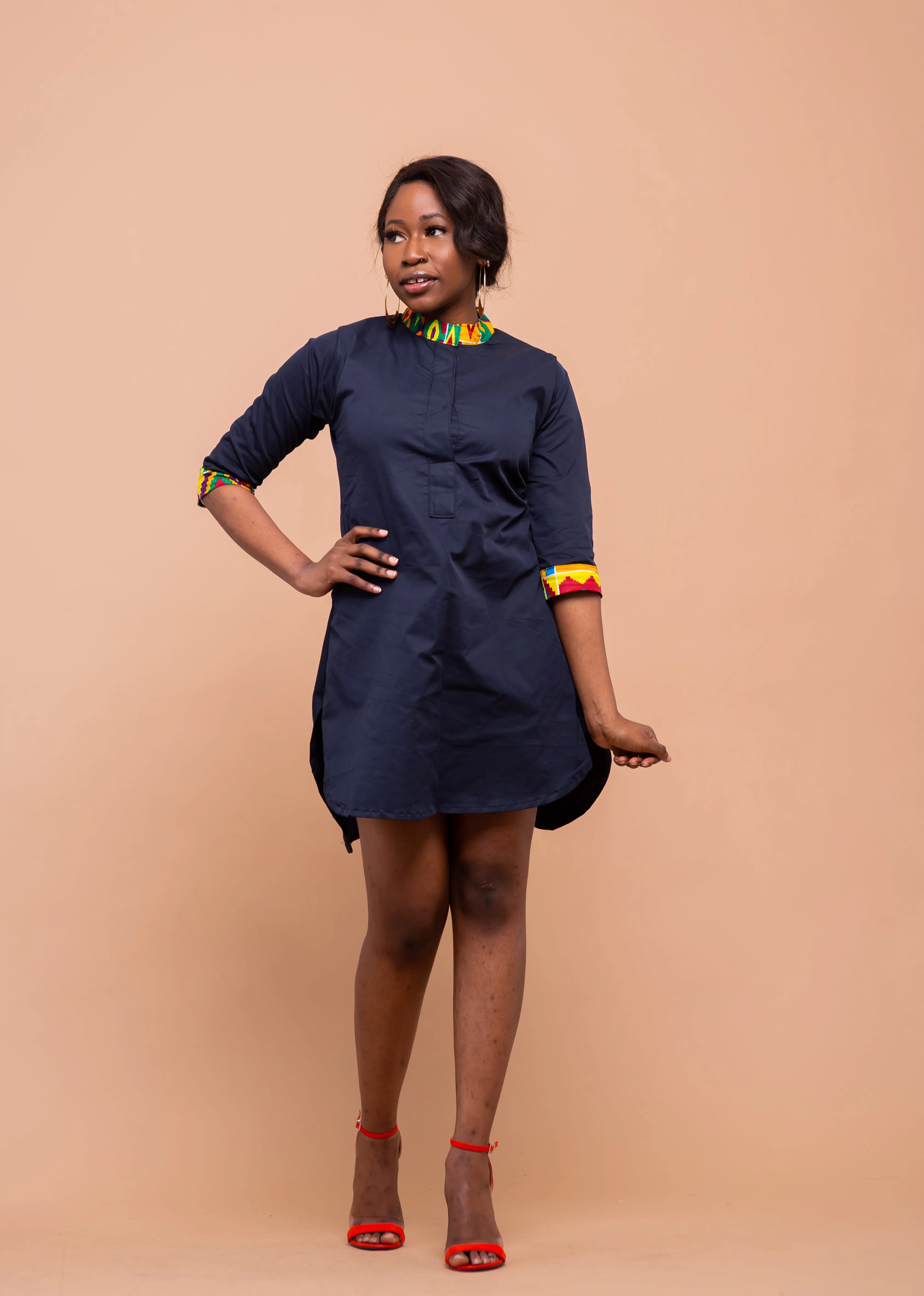 Dalton Midi Dress | Navy Blue and Ankara Mixed African Print