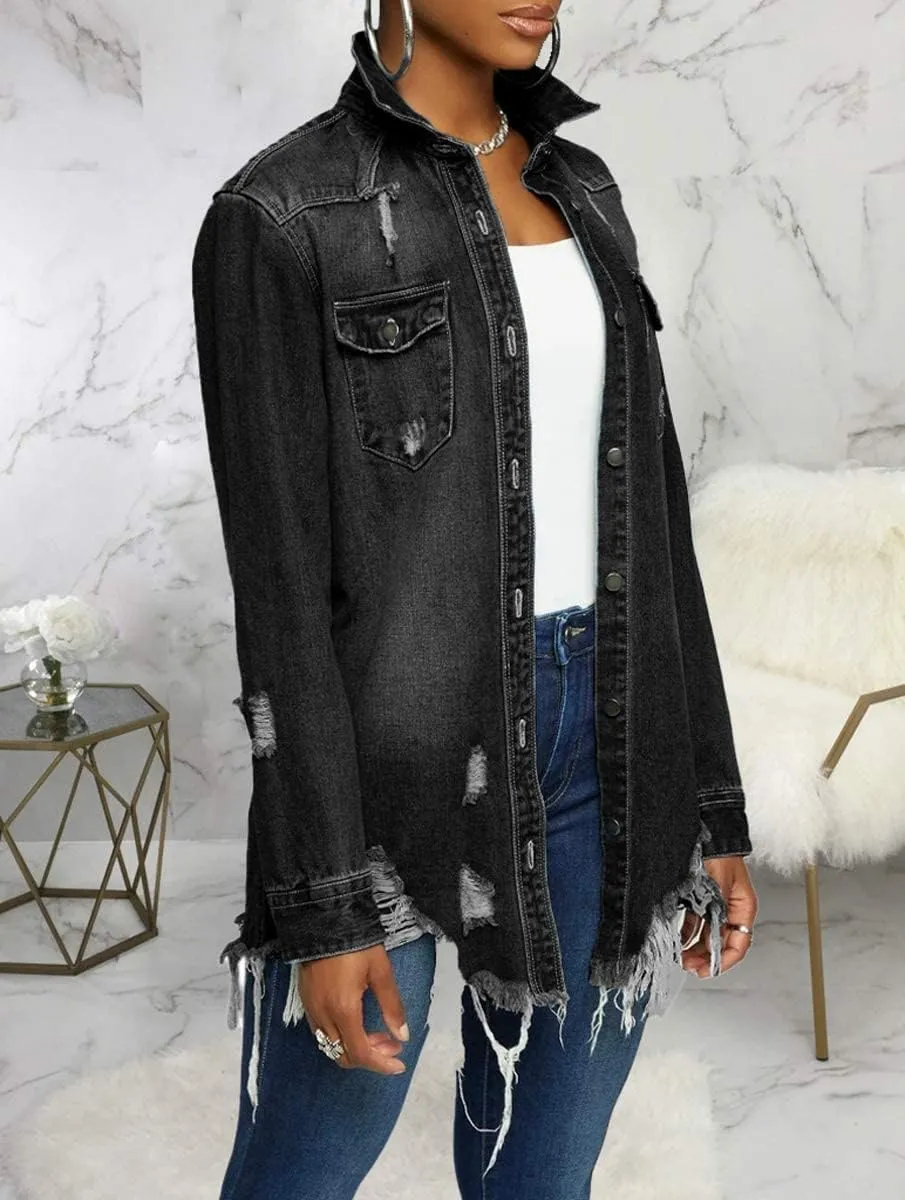 DvaeMalligo Women's Jean Jacket Distressed Button Down Long Sleeve Ripped Oversized Denim Trucker Jean Jackets