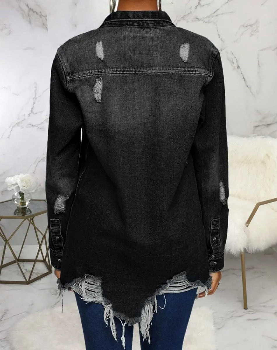 DvaeMalligo Women's Jean Jacket Distressed Button Down Long Sleeve Ripped Oversized Denim Trucker Jean Jackets