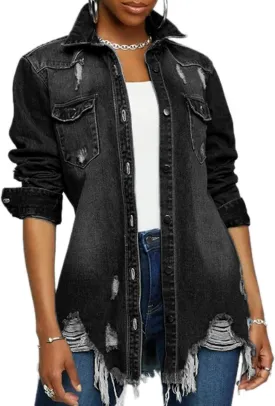 DvaeMalligo Women's Jean Jacket Distressed Button Down Long Sleeve Ripped Oversized Denim Trucker Jean Jackets