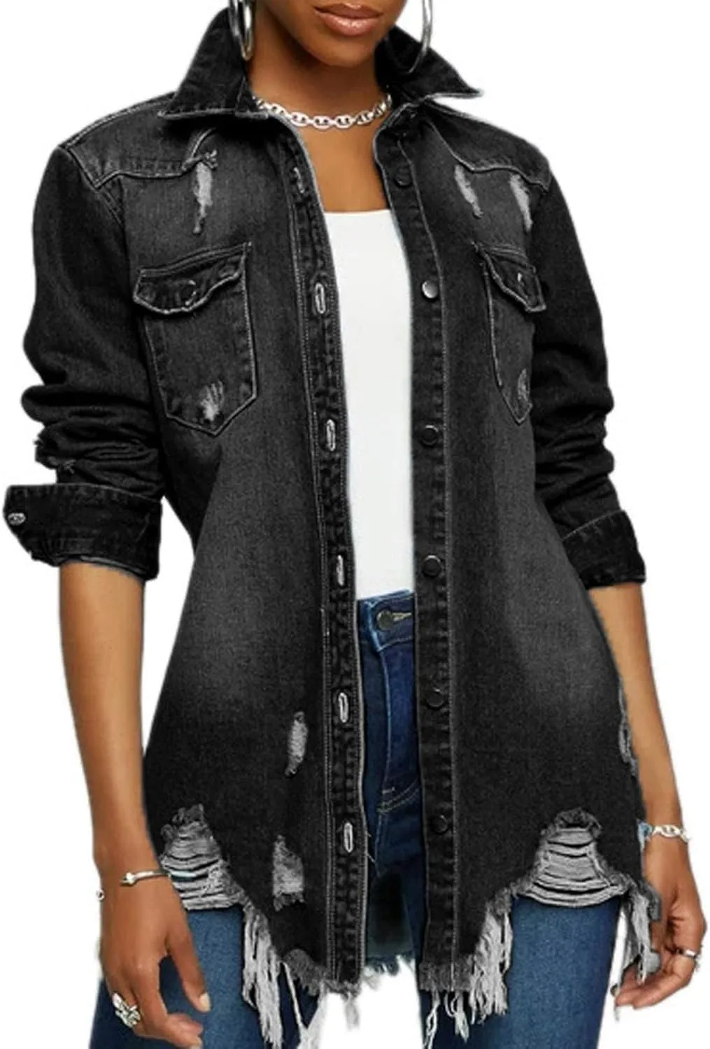 DvaeMalligo Women's Jean Jacket Distressed Button Down Long Sleeve Ripped Oversized Denim Trucker Jean Jackets