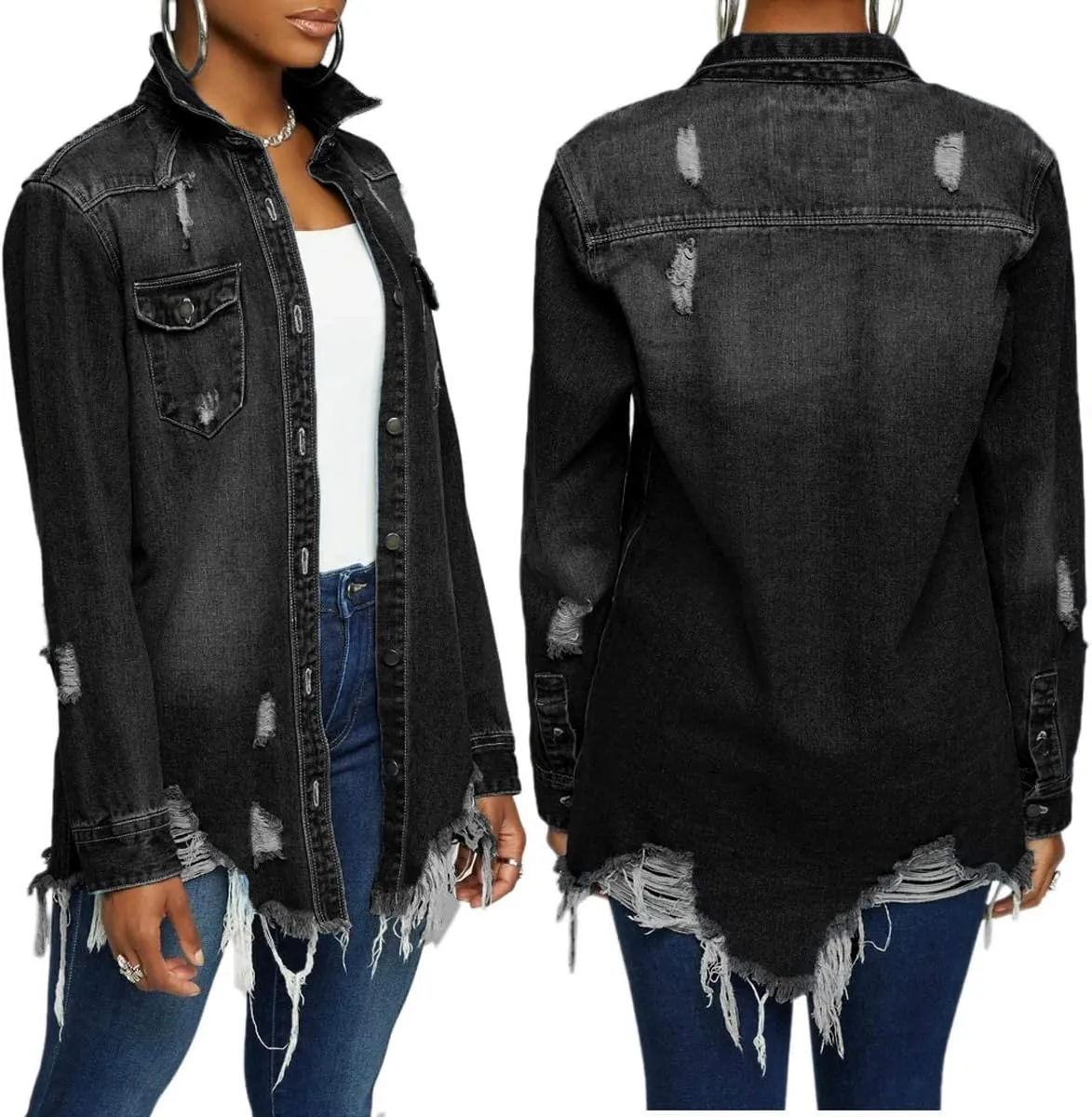 DvaeMalligo Women's Jean Jacket Distressed Button Down Long Sleeve Ripped Oversized Denim Trucker Jean Jackets