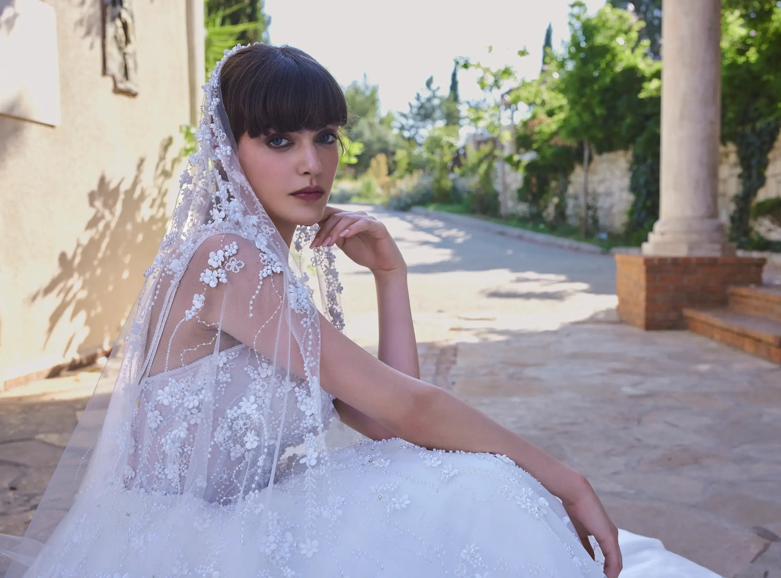 Floral Design Bridal gown with Embroidered Pearl and Shimmering Crystals