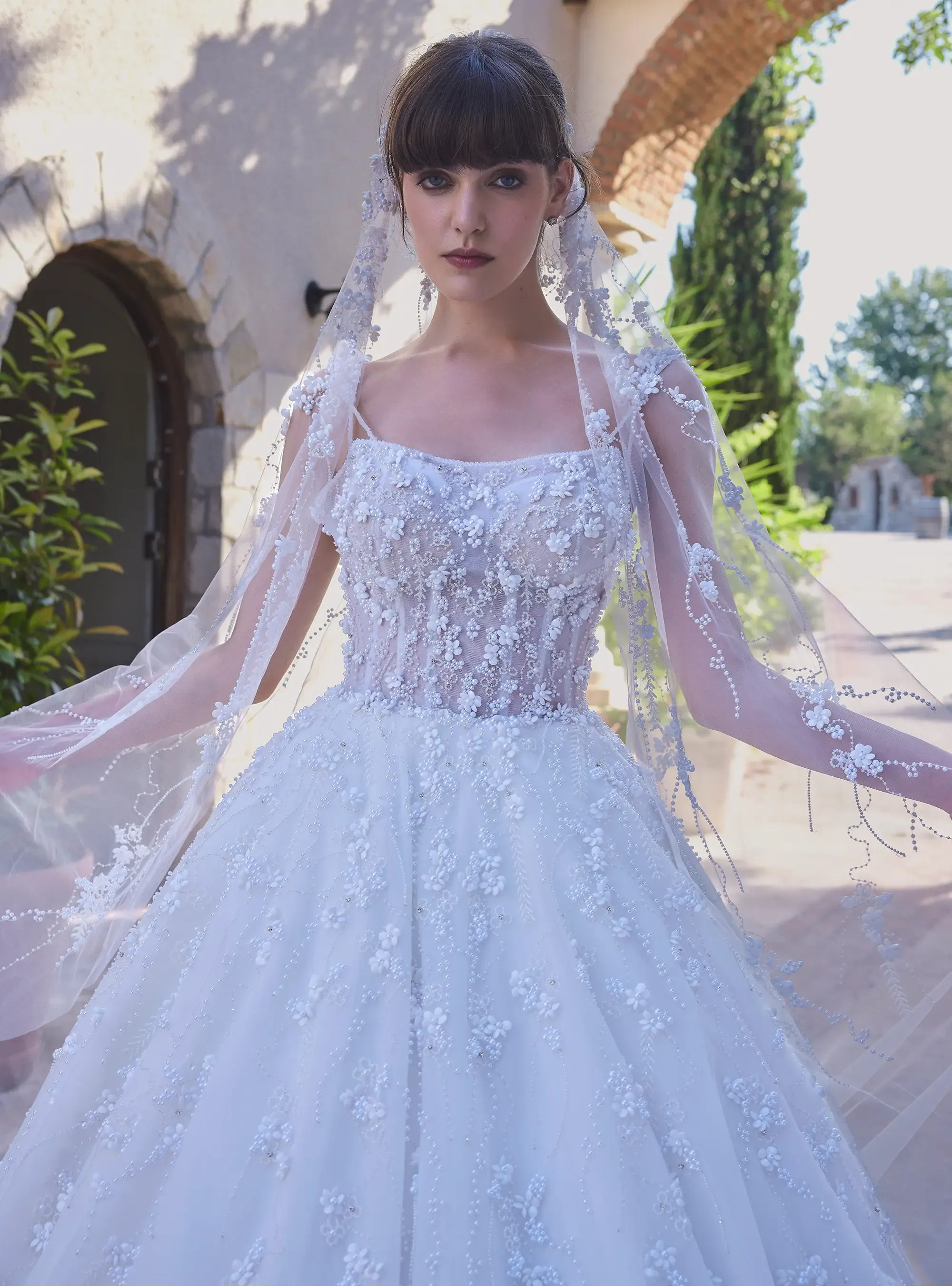 Floral Design Bridal gown with Embroidered Pearl and Shimmering Crystals