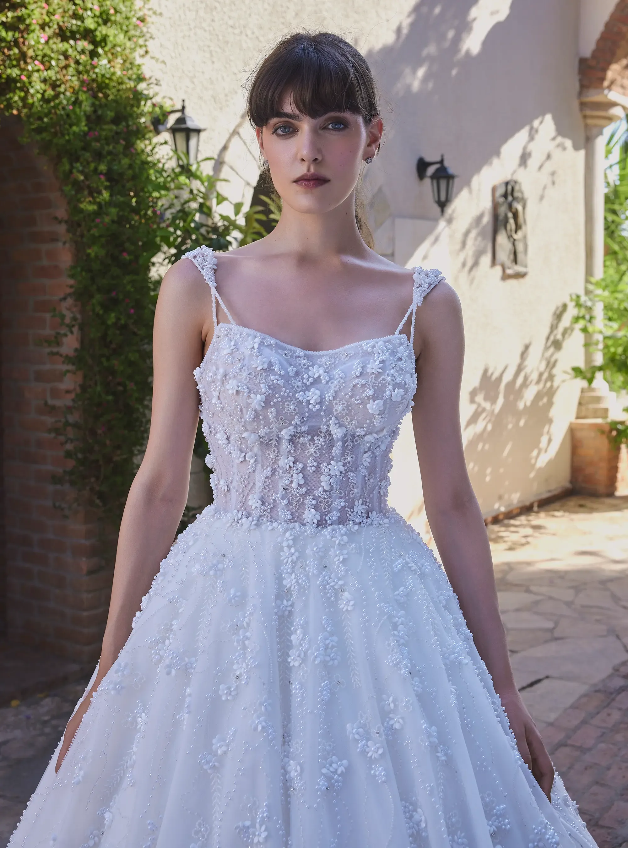 Floral Design Bridal gown with Embroidered Pearl and Shimmering Crystals
