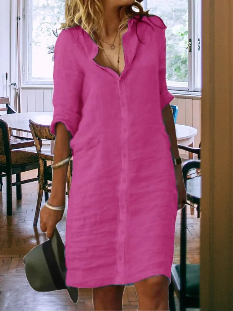 Fronage Women's Summer Midi Shirt Dresses Button Down 1/2 Sleeve Lapel Casual Cotton Linen Dress