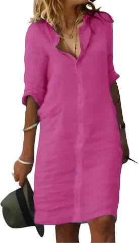 Fronage Women's Summer Midi Shirt Dresses Button Down 1/2 Sleeve Lapel Casual Cotton Linen Dress