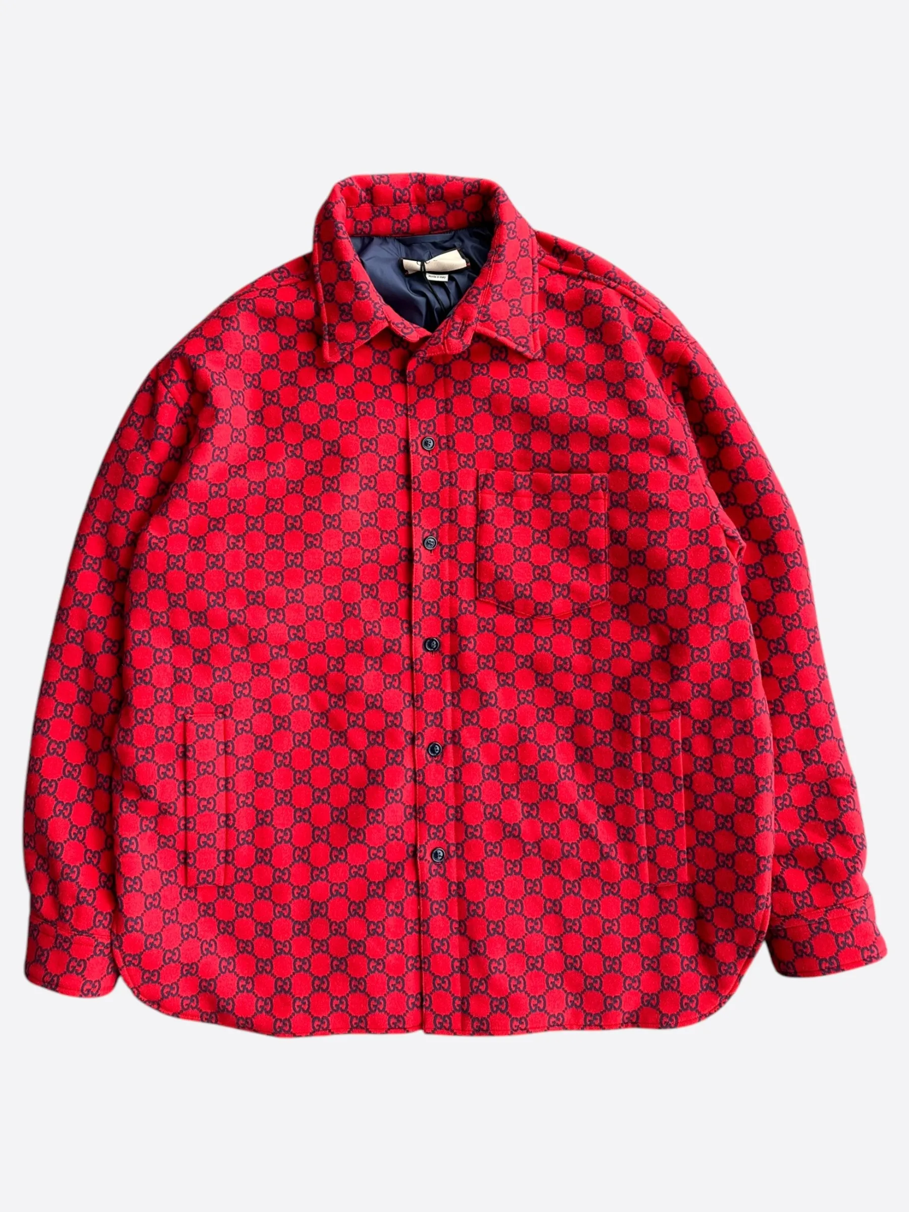 Gucci Red & Navy GG Monogram Flannel Coat