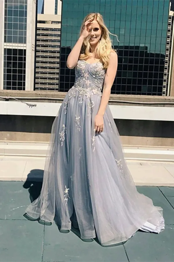 Kateprom New A line Spaghetti Straps Grey Tulle Prom Dresses KPP1484
