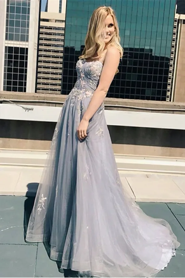 Kateprom New A line Spaghetti Straps Grey Tulle Prom Dresses KPP1484