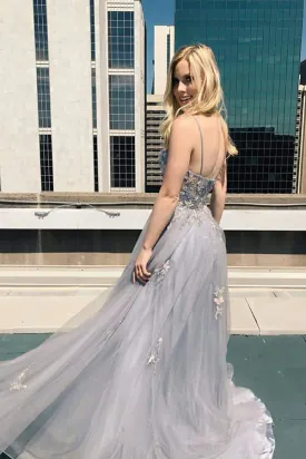 Kateprom New A line Spaghetti Straps Grey Tulle Prom Dresses KPP1484
