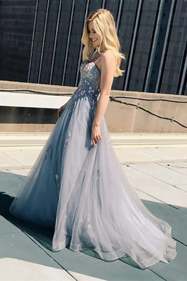 Kateprom New A line Spaghetti Straps Grey Tulle Prom Dresses KPP1484