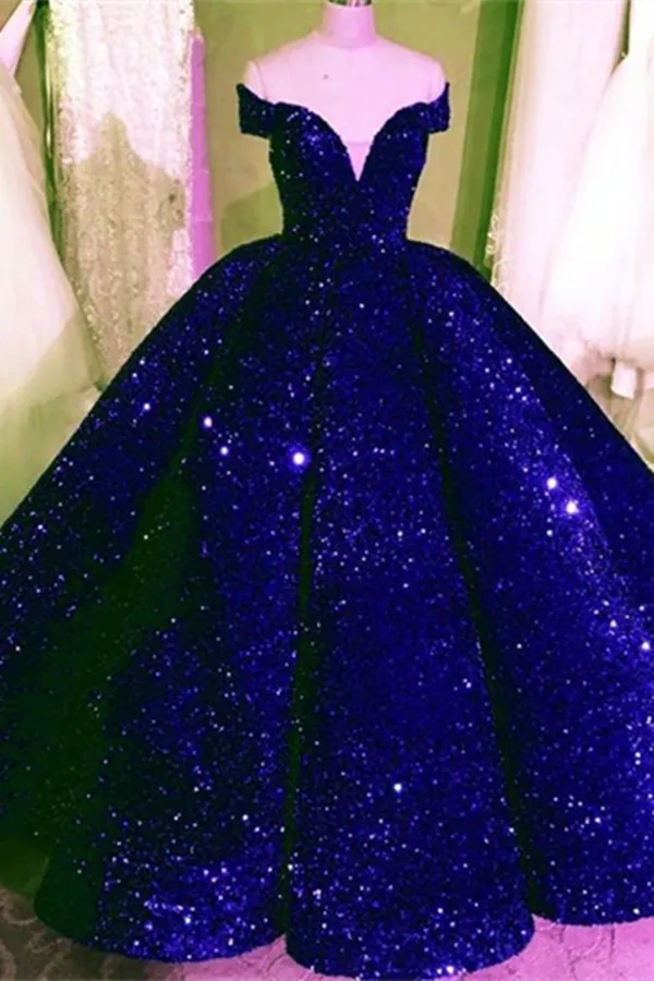 Kateprom Sequin Ball Gown Dresses Off The Shoulder Royal Blue Prom Dresses KPP1463