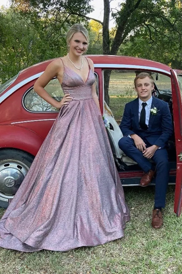 Kateprom Shiny A line V neck Spaghetti Straps Long Prom Dresses, Formal Dresses KPP1483